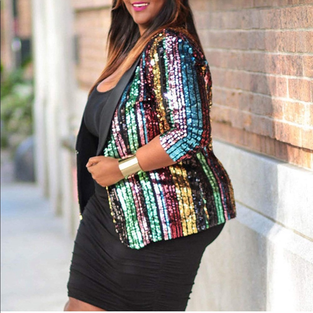 VERWIN Plus Size Jacket Sequin Three-Quarter Sleeve Women's Blazer size 3XL